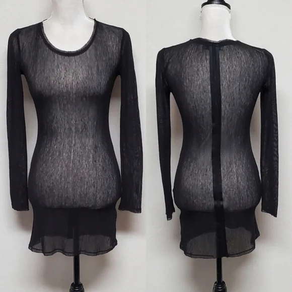 Alice & Olivia Black Sheer Mesh Satin Crewneck Long Sleeve Mini Bodycon Dress XS Long Sleeve